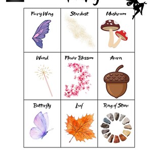 May include: A white card with the word "Fairy" and illustrations of fairy-related items. Includes a fairy wing, stardust, mushrooms, a wand, flower blossoms, an acorn, a butterfly, a leaf, and a ring of stones.
