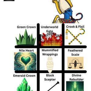 Può includere: Un grafico che raffigura Osiride, con testo sulla morte, la resurrezione e l'aldilà. L'immagine include illustrazioni di una corona verde, la porta dell'oltretomba, il pastorale e il flagello, il cuore del Nilo, bende mummificate, bilancia piumata, corona di smeraldo, scettro nero e ricostruttore divino.