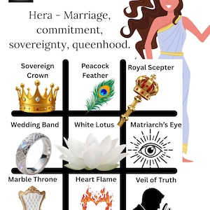 Puede incluir: Ilustración que presenta elementos asociados con Hera, incluyendo una corona dorada, pluma de pavo real, cetro real, anillo de bodas, loto blanco y un trono de mármol. La imagen también incluye una llama en forma de corazón, una silueta y el texto "Hera - Marriage, commitment, sovereignty, queenhood."