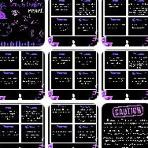 May include: A collage of nine black and white digital art panels with purple accents. Each panel features text and graphic elements, including a silhouette and the word "CAUTION" in a pink box. The overall theme suggests a digital art or design concept.