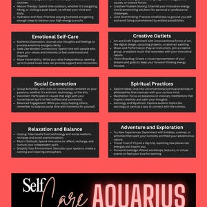 Puede incluir: Un gráfico rojo y negro con las palabras "Self Care AQUARIUS" en una fuente estilizada. La imagen enumera prácticas de autocuidado, incluyendo actividades físicas, mentales, emocionales y espirituales, junto con salidas creativas, conexiones sociales, relajación y aventura.