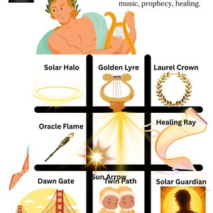 Può includere: Illustrazione grafica con Apollo, lira d'oro, corona d'alloro e altri simboli. Il testo recita "Apollo - Sole, verità, musica, profezia, guarigione". Altri elementi: alone solare, fiamma dell'oracolo e una rappresentazione del Golden Gate.