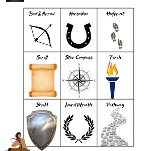 May include: A white background with the word "Centaur" in black script. The image features nine illustrations, including a bow and arrow, horseshoe, hoofprint, scroll, star compass, torch, shield, laurel wreath, and pathway.