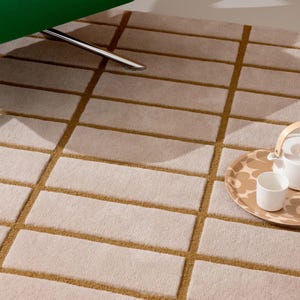 May include: A beige rectangular rug with a geometric pattern of light beige rectangles outlined in a darker tan color. A green chair leg is visible in the upper left corner, and a tray with a teapot and cup is in the right corner.