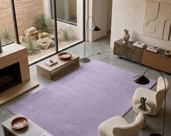 Minimalist Lilac Purple Area Rug | Solid Pastel Lavender Wool Rug | Soft Living Room Decor
