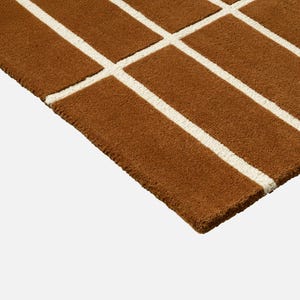 May include: Close-up of a brown rug with a geometric pattern. The rug features a grid design with thick, cream-colored lines against a brown background. The rug's texture appears soft and plush, suitable for home decor.