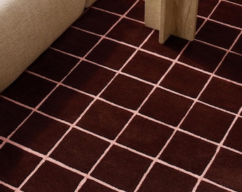 Hand Tufted Wool Rug | Brown & Pink Grid Modern High Low Pile