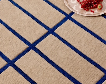 Blue Grid Area Rug | Modern Minimalist High-Low Striped Wool Carpet | Beige Geometric Hand-Tufted Rug