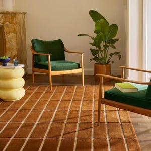 May include: A brown rectangular rug with a grid pattern of white lines. Two green velvet armchairs with wooden frames are visible, along with a potted plant and a yellow side table. The room has a warm, inviting atmosphere.