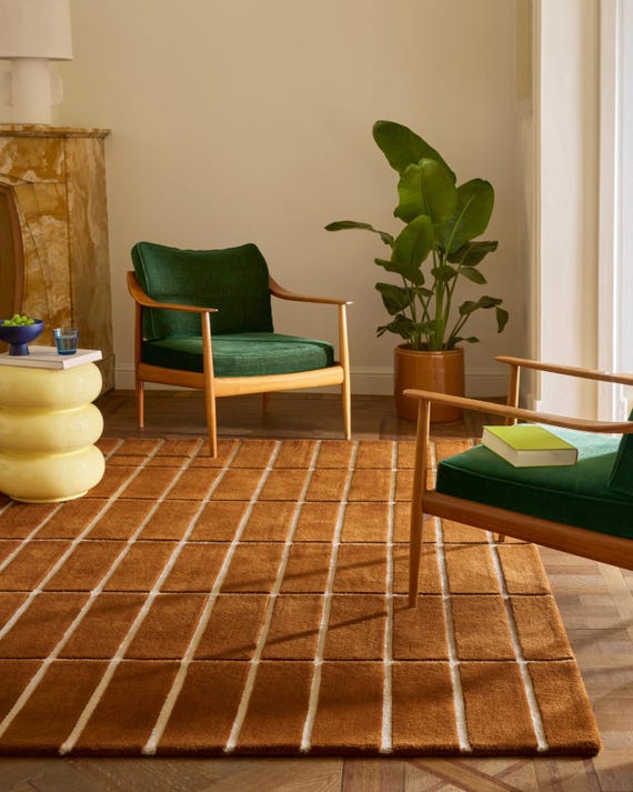 Terracotta Grid-Brown Area Rug | Modern Minimalist High-Low Striped Wool Carpet | Rust Geometric Hand-Tufted Rug