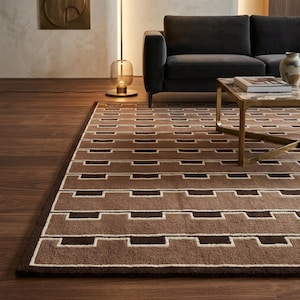 Mid-Century Modern Brown Area Rug | Hand-Tufted Wool Art Deco Nordic Rug Geometric-Design