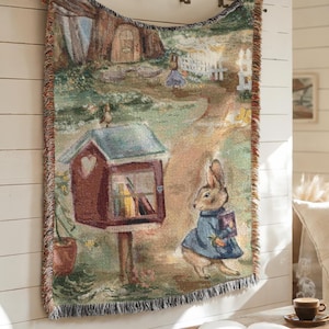 Personalized Peter Rabbit Woven Blanket, Beatrix Potter Nursery Decor, Garden Scene Art Tapestry