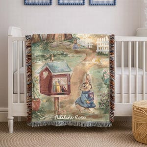 Personalized Peter Rabbit Woven Blanket, Beatrix Potter Nursery Decor, Garden Scene Art Tapestry