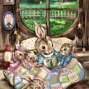 May include: A digital illustration of four brown rabbits gathered on a colorful patchwork quilt. One adult rabbit reads a book titled Rabbit Tales to three smaller rabbits. A red lantern, a framed heart picture, and a sign reading Bless This Home hang nearby.