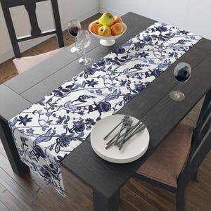 Indigo Floral Vine Table Runner, Hand-Drawn Botanical Cotton Twill Decor
