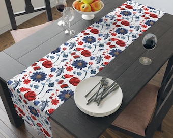Americana Floral Table Runner, Hand-Drawn Patriotic Roses, Wildflowers, Holiday Decor