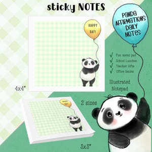 Panda Affirmations Sticky Notes, Green Gingham Illustrated Notepad