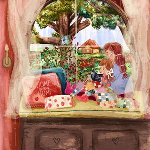 Home Sweet Home Giclee Print, Framed Cottagecore, Oak Metal Frame, Reading Scene Patchwork Quilt, Mother Daughter Wall Decor All Ages Kids