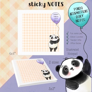 May include: Illustrated sticky notes with a panda holding a balloon. The balloon has the text "REMINDER THINK BIG DREAM BIGGER". Available in 10.16cm x 10.16cm and 7.62cm x 7.62cm sizes. Ideal for memos, school lunches, teacher gifts, and office use.