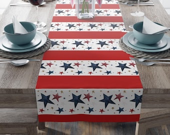 Patriotic Star Table Runner, Americana Dining Decor, Red White Blue Stripes, 250th Independence Day