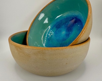 Large Handmade Stoneware Bowl Set – 7” Wide Rustic Clay Bowls with Cerulean Blue Glaze | Modern Kitchen Serving Bowl Set