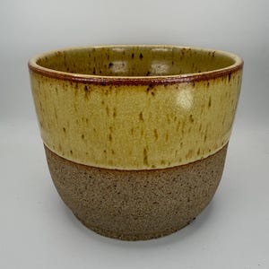 May include: A ceramic bowl with a two-tone finish. The upper portion features a glossy, speckled mustard yellow glaze with a dark brown rim. The lower portion has a textured, unglazed, speckled tan surface with a rough, earthy appearance.