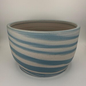 Handmade Ice Blue Marbled Porcelain Planter with Drainage Holes, Blue and White Striped Ceramic Plant Pot, Modern Indoor Planter