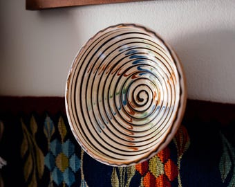 Thread of Life Ceramic Bowl with Painted Rim - 7" - Traditional Romanian Pottery From Horezu