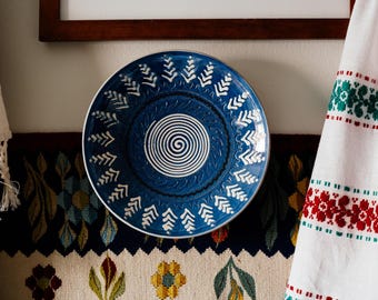 Indigo Spiral & Laurel Motif - 9.75" - Romanian Artisanal Plate From Horezu