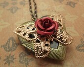 Valentines Jewelry/Rose on Butterfly Large Heart Locket Necklace 18 inches/Valentines Day