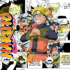 May include: A vibrant collage featuring the anime character Naruto in various action poses. The design incorporates panels of manga art, with text bubbles and the word "NARUTO" in bold lettering. The color scheme is dominated by orange, black, and white.
