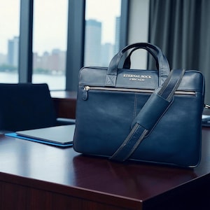 May include: A navy blue leather briefcase with a shoulder strap and top handles. The bag has a zippered front pocket and the text "ETERNAL ROCK CHICAGO" in silver lettering. The briefcase is on a dark wood desk.