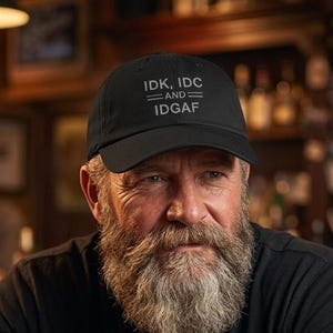 May include: Black baseball cap with the text "IDK, IDC, AND IDGAF" in white. The cap is worn by a person with a long gray beard, sitting at a wooden table with a beer mug. The background shows a bar setting.