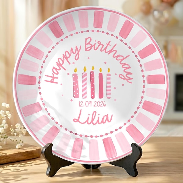 Plato personalizado para niña de cumpleaños con nombre personalizado, regalo de cumpleaños infantil, plato de cerámica para guardar recuerdos, apto para alimentos, decoración de cumpleaños P481HC0