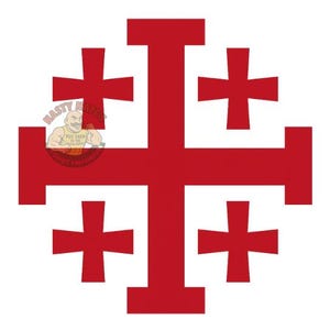 May include: A white flag with a large red Jerusalem cross, a heraldic symbol. The cross has a central, larger cross with four smaller crosses in each quadrant. A small emblem is in the center of the cross.