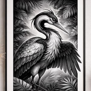 May include: Black and white framed art print of a heron bird with its wings spread, set against a backdrop of lush tropical foliage. The artwork is detailed, with a focus on the bird's feathers and the surrounding leaves.