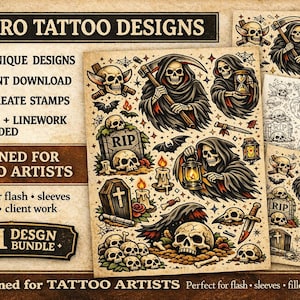 Może przedstawiać: Zestaw 31 profesjonalnych wzorów tatuaży z czaszkami, postaciami śmierci, nagrobkami i innymi gotyckimi elementami. Natychmiastowe pobieranie, flash i linework w zestawie. Zaprojektowane dla artystów tatuażu.