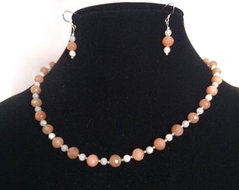 Pink Moonstone and Mother of Pearl Necklace and Earrings Set