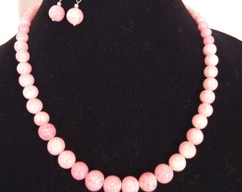 Vintage Pink and White Glass Pearl Necklace and Earrings