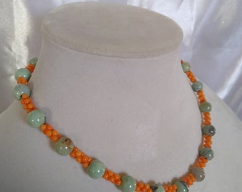 Robin's Egg Blue and Orange Beaded Necklace