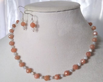 Pink Moonstone and Mother of Pearl Necklace and Earrings Set