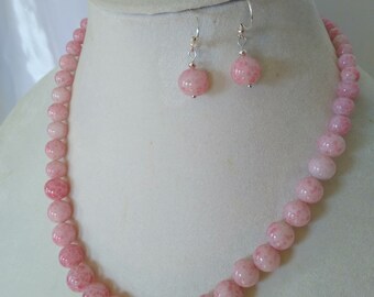 Vintage Pink and White Glass Pearl Necklace and Earrings