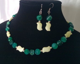 Emerald Green Striped Agate Necklace and Earrings