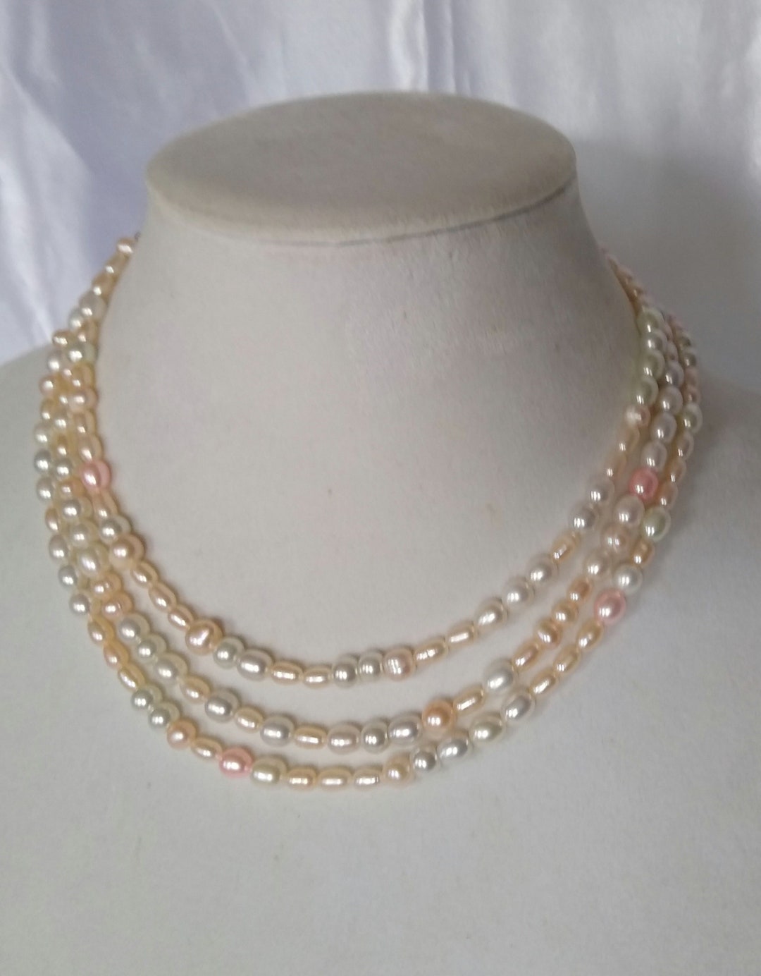 Triple Strand Freshwater Pearl Necklace Etsy
