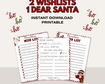 May include: Printable Christmas wish lists with the text "2 Wishlists 1 Dear Santa". The design includes a "Dear Santa" form and two "Christmas Wish List" forms. The forms have red and white borders and include the text "Instant Download Printable".