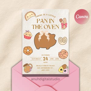 May include: A light beige invitation card with the text "THERE IS A LITTLE PAN IN THE OVEN" and various cartoon baked goods. The card is inside a pink envelope. The date is October 24, 2030, from 2 PM to 6 PM.