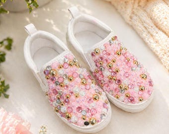 Zapatillas con pedrería para niña pequeña, zapatos de bebé con perlas rosas, zapatos sin cordones brillantes, zapatos para niña de las flores, zapatos de cumpleaños, zapatos personalizados de princesa