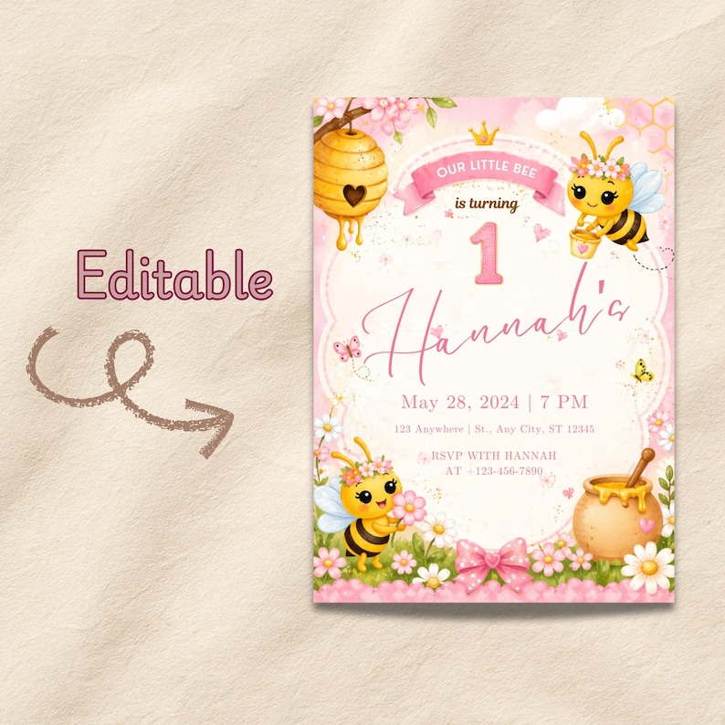Baby Bee First Birthday Invitation | Pink Floral Bee Canva Template ...