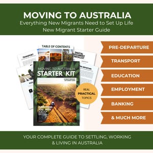 Puede incluir: Una guía titulada "Moving to Australia Starter Kit" con el texto "Everything You Need to Settle in Australia Successfully". La imagen incluye documentos sobre transporte, educación y empleo, con una lista de verificación y una tabla de contenido. La guía es para nuevos migrantes.