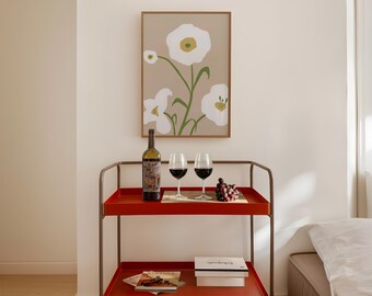 White Floral Art Print, Scandinavian Botanical Poster, Minimalist Neutral Decor